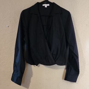 Blue Wrap Blouse Long Sleeve Fitted Notched Collar